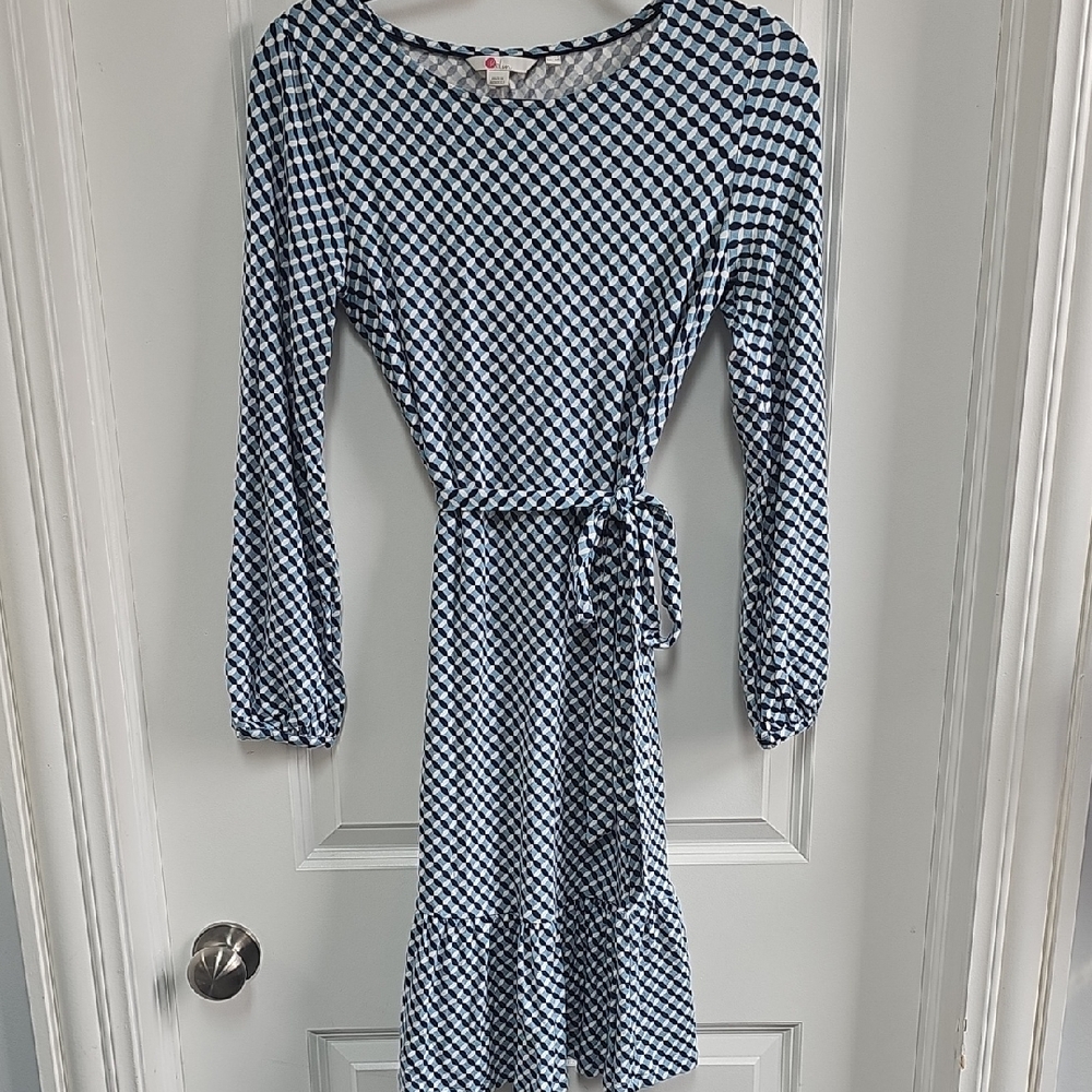 Boden Blue and White Sheath Dress with Bishop Sleeves